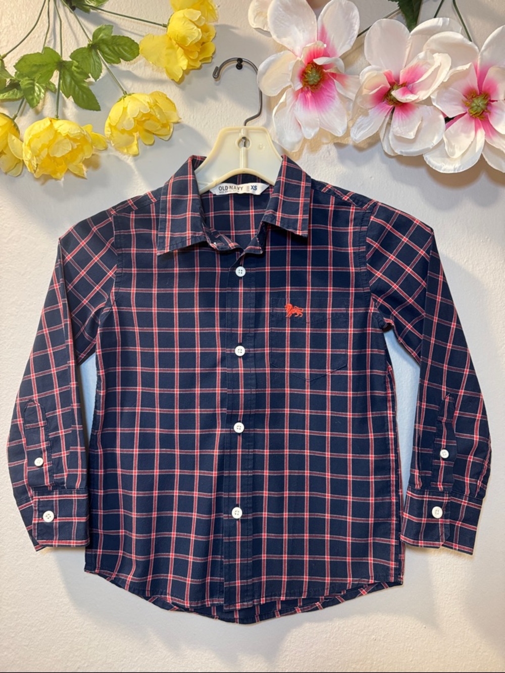 Old Navy Navy & Pink Plaid Button-Down Shirt - Boys